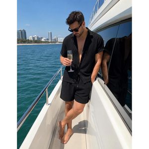 FOXA Mens Summer Waffle Knit 2 Piece Short Set Casual Button <b>Down</b> Shirt And Shorts Breathable Cotton Outfit - Product Image 4