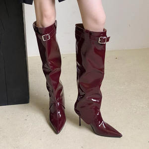 Bottes hautes en cuir verni à talon aiguille et bout pointu pour femme, style européen et américain, avec bride à boucle, non montantes au-dessus du genou, type bottes d'équitation - Product Image 2