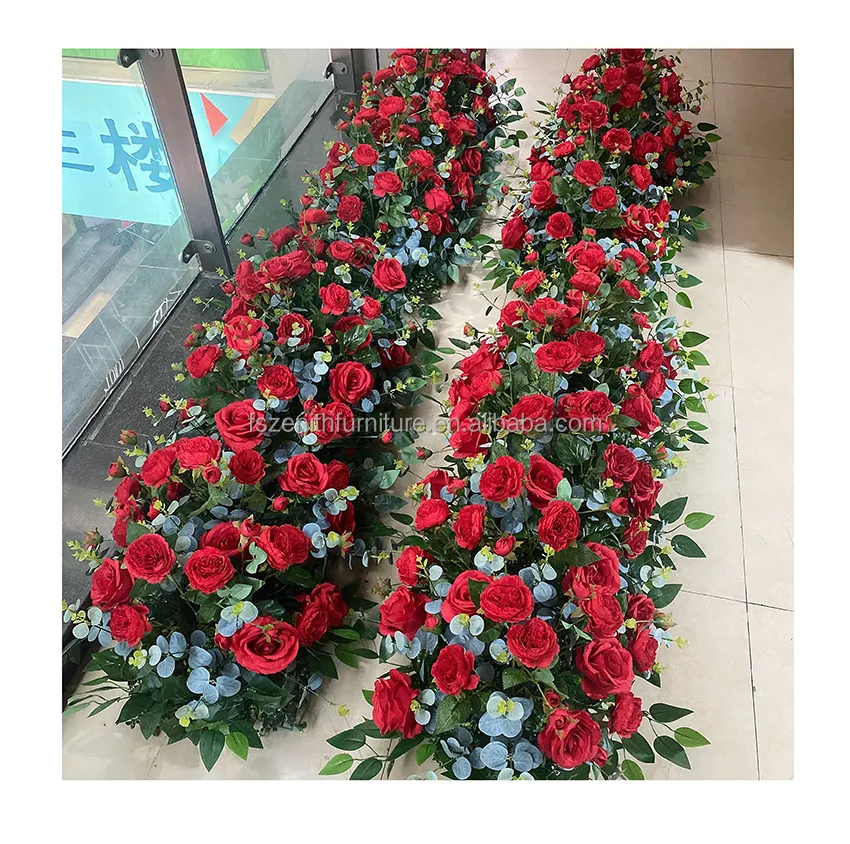 Flower Arrangement Aisle Floral Row Artificial Rose Burgundy Red Flower Table Runner Wedding