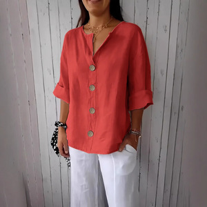 Camiseta Holgada de Verano para Mujer, Estilo Europeo y Americano, Cuello en V, Algodón y Lino, con Botones, Moderna y Versátil - Product Image 6