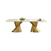 Ensemble de table à manger carrée contemporaine en marbre avec base en acier inoxydable doré, 6 chaises rembourrées pour appartement et hôtel