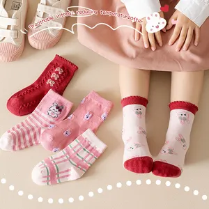 Wholesale 5 Pairs Pink Rabbit Print Socks 1-12 Years Old Girl Children Student Cotton Crew Socks For Kids