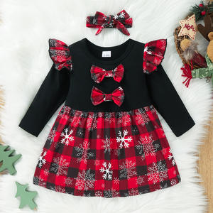 Robes de Noël à carreaux pour enfants, robes de Noël rouges pour bébés filles, prix bas, robe de Père Noël mignonne en gros - Product Image 1