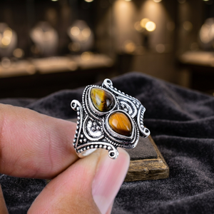 Anillo de Joyería de Aleación Plateada en Plata 925 Hecho a Mano con Piedra Natural de Ojo de Tigre Vintage, Talla Personalizada - Product Image 3