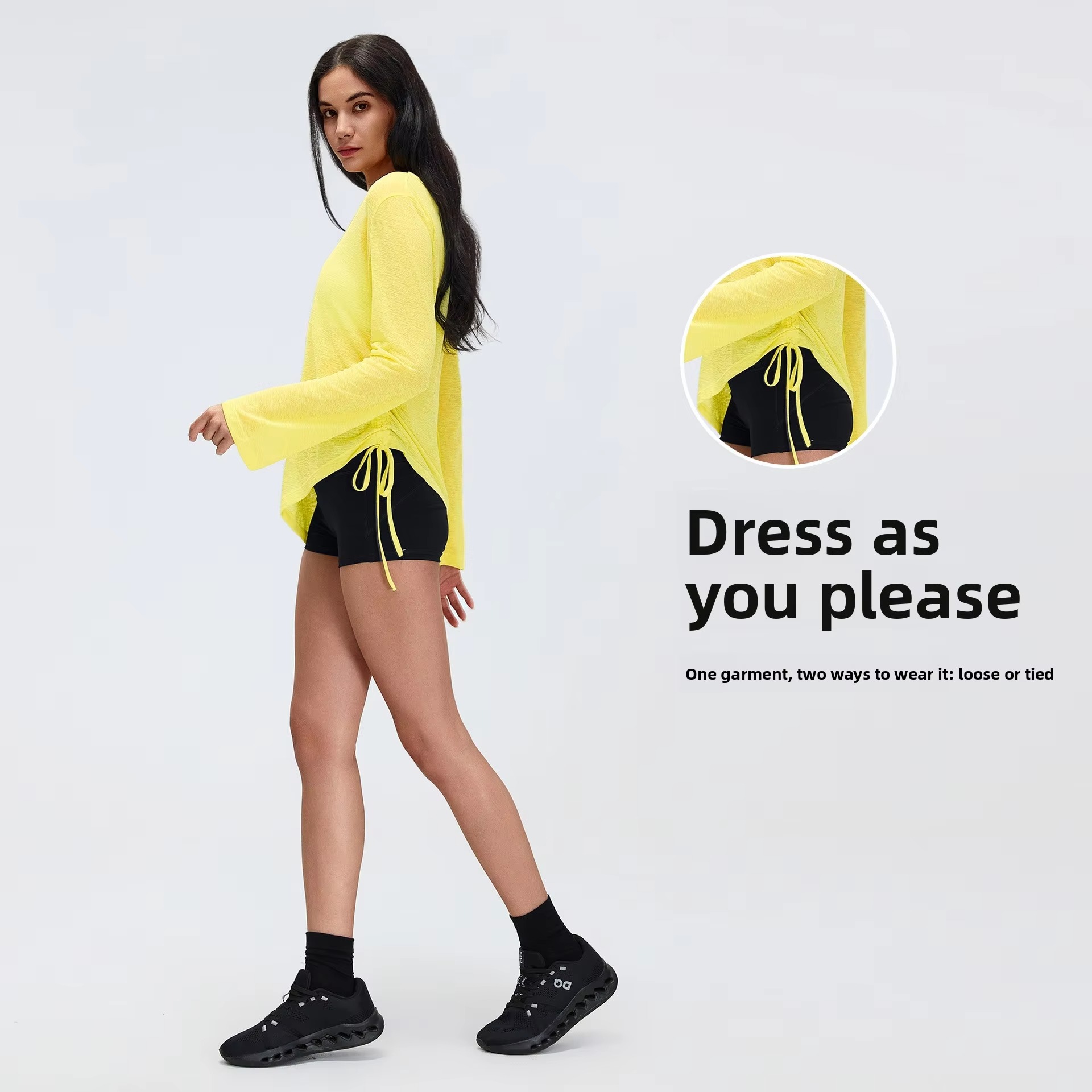 Loose-fitting Sports Long-sleeve Blouse Women V-neck Drawstring Waist Slimming Yoga Wear Casual Fitness T-shirt 100% Polyester