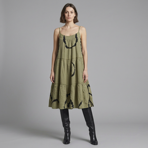 Robe midi imprimée olive à bretelles spaghetti, coupe trapèze, à volants, ample, décontractée, en coton tissé, pour l'été - Product Image 1