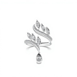Anillo de cóctel abierto de oro de 14K con diamantes cultivados en laboratorio de 1.75 CTW en forma de marquesa y pera, diseño de hoja, anillo llamativo para mujer, venta al por mayor - Product Image 1
