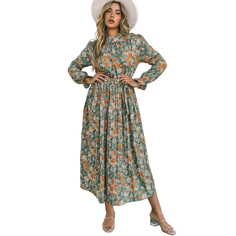 Dear-Lover Oem Odm Wholesale Boho Clothing Dresses Women Pleated Long Sleeve Maxi Floral Dress With Tie