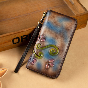 Ando Bag Vintage Embossed Genuine Leather Long <b>Wallet</b> Women Cowhide <b>Zip</b> Around Wristlet Card Holder - Product Image 1