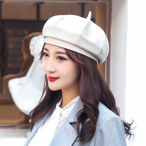 Women's Beret PU Leather Octagonal Hat Solid Color Windproof Non Foldable For Autumn Winter Spring British Style Elegant Hat - Product Image 2