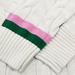 Jersey personalizado de manga larga con cuello en V y ribete de Color en contraste para mujer, suéter de punto de algodón verde rosa 7gg de OEM - Product Image 2