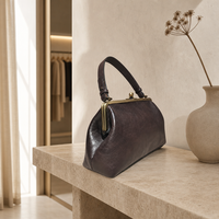 Sac à main vintage élégant en cuir véritable avec fermoir Kiss Lock, poignée supérieure, cadre rétro, fermoir en laiton antique, étanche, capacité 2L