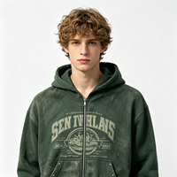 Sweat à capuche zippé pour homme, délavé vintage, vert délavé soleil, imprimé graphique, en coton épais, style streetwear, fournisseur en gros