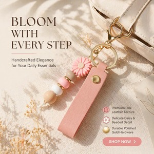 Porte-clés fleur style coréen, pendentif marguerite esthétique en perles de bois et silicone, breloque mignonne Kpop pour sac, cadeau pour femme - Product Image 1