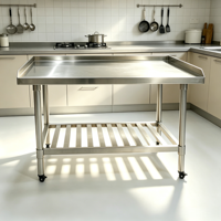 Table de travail robuste en acier inoxydable avec rebord surélevé sur 3 côtés, étagère inférieure à lattes et pieds réglables