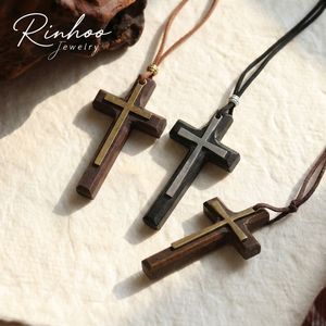 RINHOO Liontin Kayu Salib Fashion Kalung Pria dan Wanita Rantai Sweater Hitam Coklat Tali Perhiasan Netral Religius Hadiah - Product Image 1