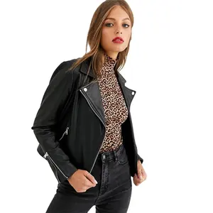 KY black Notch lapel Stud detailing Asymmetric zip closure Functional pockets classic leather jacket women biker