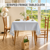 Nappe rayée en coton et lin tissé, bleu et blanc, à rayures verticales avec franges et pompons pour table à manger, décoration extérieure