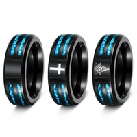 Bague en acier inoxydable noir avec incrustation de coquille d'ormeau et pierre de saphir bleu de 8 mm, alliance pour homme et femme