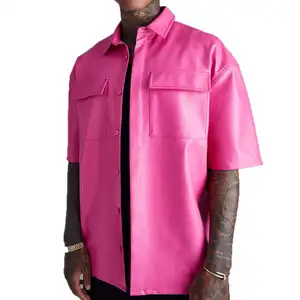 Purple Red Black men pu leather shirts lining short sleeves button up chest pockets customized embroidery mens shirts