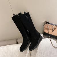 Bottes d'équitation d'hiver pour femme en cuir véritable, à bout rond, montantes, avec fermeture éclair, talon compensé et boucle décorative