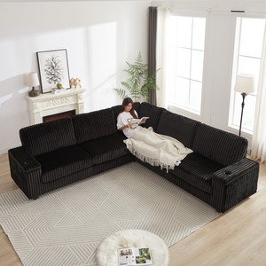 Oversized Convertible L-Shaped Corduroy Corner Sofa Set Modern Design Two <b>Storage</b> Spaces USB Type-C Port Cup Holder Deep Hotel - Product Image 2