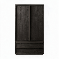 Armoire coulissante moderne minimaliste en bois massif avec 2 tiroirs, panneau plat, grain de chêne vieilli, armoires de chambre autoportantes