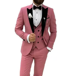 Roze Slanke Pasvorm Bruidegom Draag Herenpakken Italiaanse Ontwerp Huwelijk Groomsman Smoking Slim Fit 3 Stuks Set Pakken Voor M