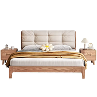 Lit plateforme en bois massif de style japonais moderne, taille Queen, avec tête de lit rembourrée douce en finition blanc crème ciré