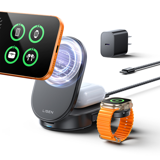 LISEN Qi2.2 25W Magnetic Wireless Charging Station With 45W Adapter 3 in 1 Fast Charger Stand for iPhone 17 16 Pro Max Watch