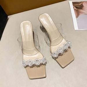 Sandalias de tacón alto grueso con punta cuadrada transparente de 5/7 cm para mujer, con correa de cristal, estilo mule, sin cordones - Product Image 5