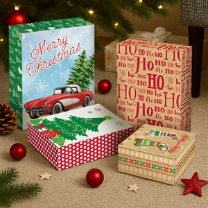 Boîte de papier de Noël en stock de qualité supérieure durable et personnalisable fabriquée avec une impression festive pour l'emballage de cadeaux mondiaux et la vente au détail - Product Image 1