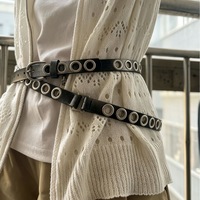 Ceinture en PU à double couche et découpes ajourées, accessoire mince et sexy pour filles, avec une longue ceinture fine à découpes ajourées