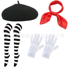 Ensemble de costume d'artiste français pour femme, comprenant un béret, une écharpe rouge, des bas rayés, des bretelles et des gants blancs, pour fête d'Halloween et jeu de rôle - Product Image 3