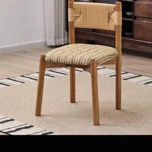 Chaise de salle à manger en bois massif avec assise rembourrée et dossier en corde, pour salon et salle à manger - Product Image 2