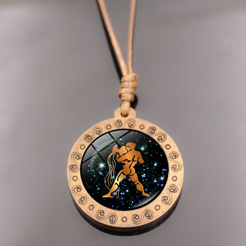 hengxinag Twelve Constellations retro brown wax rope necklace Pisces Aquarius Time Jewel wooden pendant sweater chain
