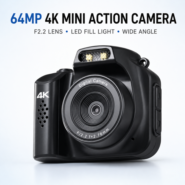 4K Mini Action Camera 64MP F2.2 Thumb Cam Fill Light Wide Angle Video Record Student Vlogging Portable Pocket Camera Lithium
