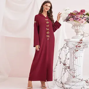 Solid Color Slit Hoodie Muslim Women's Long Sleeve Tunic With Rhinestone