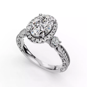 Anillo de compromiso de oro blanco de 14 quilates con diamante cultivado en laboratorio de corte ovalado, con detalles intrincados de filigrana y halo elegante con piedras laterales para mujer - Product Image 3
