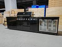 304 Ensemble complet de cuisine d'extérieur de luxe en acier inoxydable noir robuste BBQ Grill 8 brûleurs avec évier et réfrigérateur avec dessus en marbre