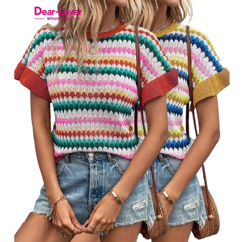 Dear-Lover Custom Knit Khaki Trimmed Ruffle Sleeve Colorful Textured Sweater Women