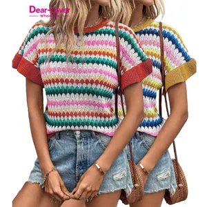 Sweater colorido texturizado para mulheres, blusa de malha personalizada cáqui com babado e manga plissada Dear-Lover