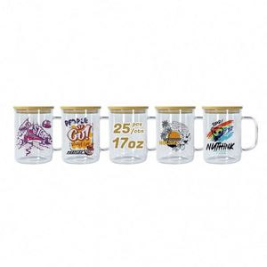 RTS USA 25 pièces/carton 17oz Verres à bière en verre transparent pour sublimation, avec poignée et couvercle en bambou, sans BPA, anti-fuite, réutilisables, style américain - Product Image 1