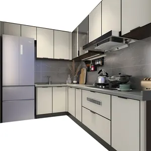 RTA konut mutfak mobilyası bej mavi fabrika özelleştirilmiş mutfak dolapları Morden avrupa HDF MDF katı ahşap mutfak üniteleri