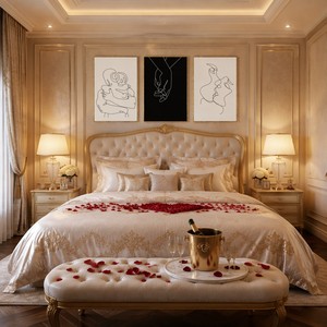 Quadro con Cornice Dorata, Arte Lineare Coppia Innamorata, Triptico, Disegno a Linea Unica, Bianco e Nero, Abbraccio Romantico, Bacio, Decorazione Minimalista di Lusso per Hotel - Product Image 2