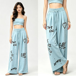 Pantalon décontracté pour femme à motif <span class=keywords><strong>graffiti</strong></span>, idéal pour l'été et la plage, coupe ample et élégante, doux et à jambes larges - Product Image 4