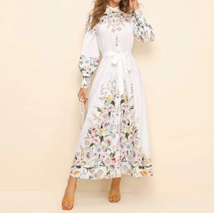 Dress bunga kasual wanita, Gaun gaya liburan retro kerah berdiri lengan panjang berenda pinggang tinggi musim semi