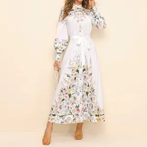 Bahar kadın moda retro tatil tarzı tasarım uzun kollu standı yaka çiçek yüksek bel dantel up casual elbise