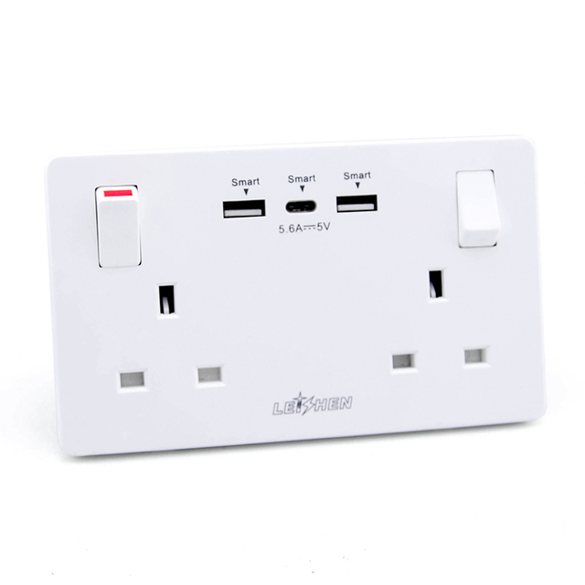 Leishen-Stainless Steel Metal Cover British 13A 2 Gang 3 Pin Double UK BS Standard Switch Wall Socket With 3.6A Dual USBA+USBC