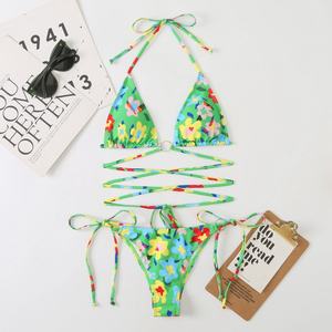 Trajes de Baño de Terciopelo Personalizados 2024 con Logotipo de Diamantes de Imitación, Brillantes, de Cristal, Conjuntos de Bikini con Estampado Floral, Braguitas de Baño - Product Image 3